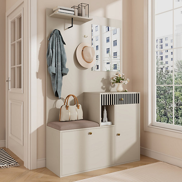 Meuble D'entrée Multifonction 110 Cm - Miroir, Coussin, Rangement Intégré - Beige