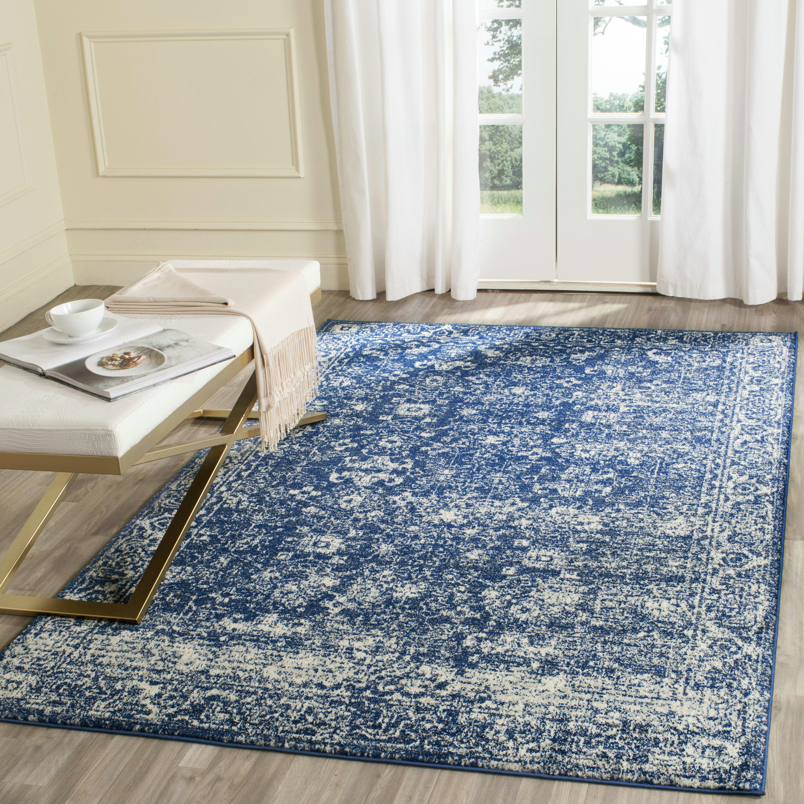 EVOKE - Tapis de salon interieur en bleu marine & ivoire, 91 x 152 cm