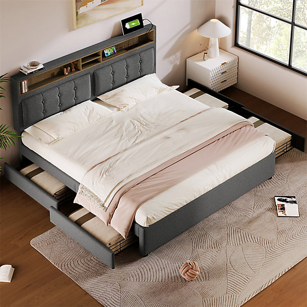 Lit adulte lit 140x200 cm lit rembourré avec quatre tiroirs avec sommier à lattes en bois lit double lin gris