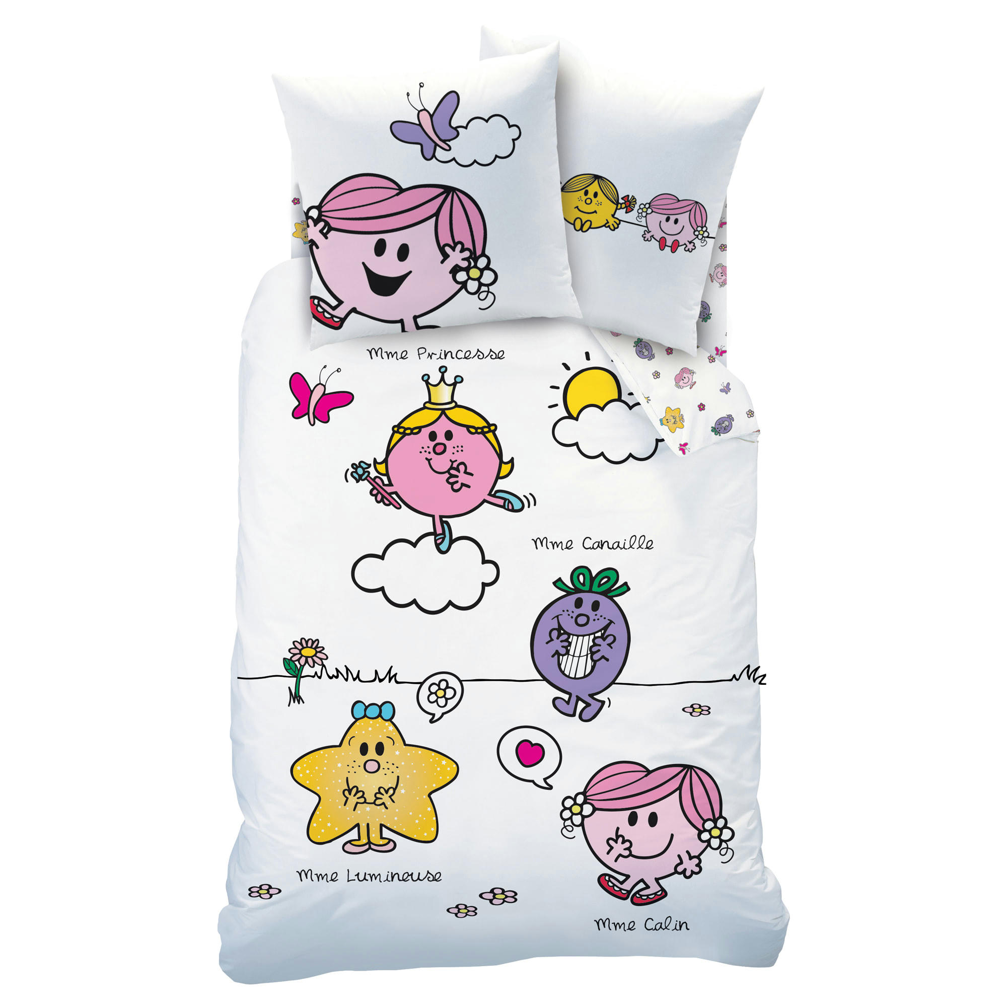 MONSIEUR MADAME HAPPYLIFE - Parure de lit imprimée en coton Blanc 140x200+63x63cm