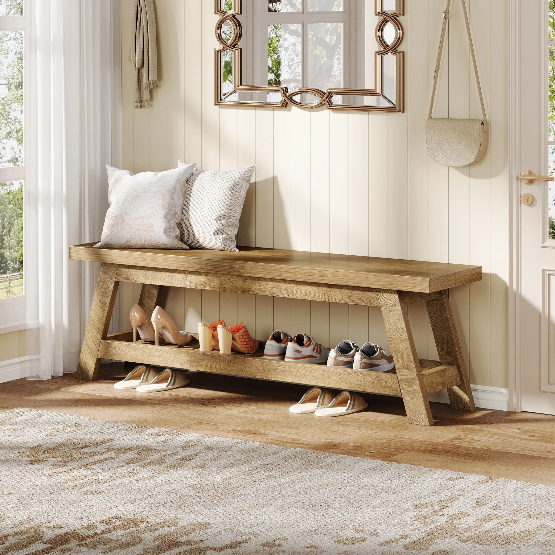 55 Wood Entryway Bench with Shoe Storage, 2-Tier Narrow Hallway Seating Bench for Entryway, Bedroom, Mudroom