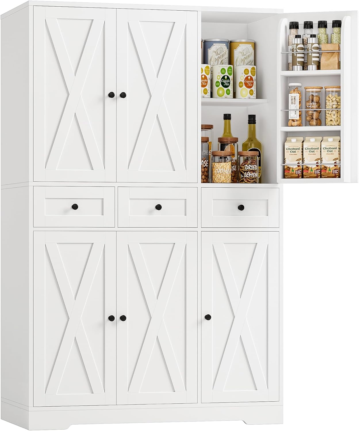 HOSTACK Modern Farmhouse Kitchen Pantry Storage Cabinet, 67 H Kitchen Pantry Cabinet with Barn Doors and Shelves, Freestanding Food Storage Cabinets with Drawers for Dining Room, Living Room, White
