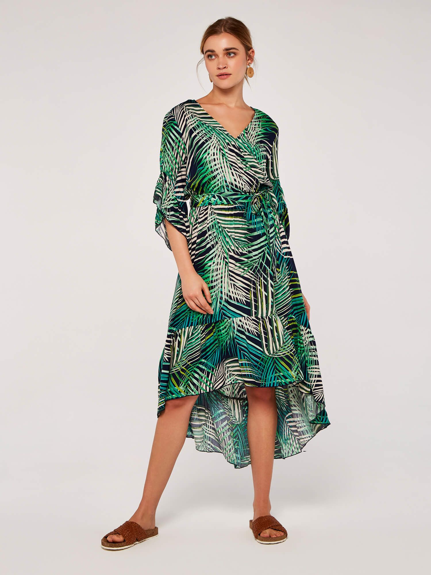 Apricot Tropical Leaf Ruffle Midi Dress