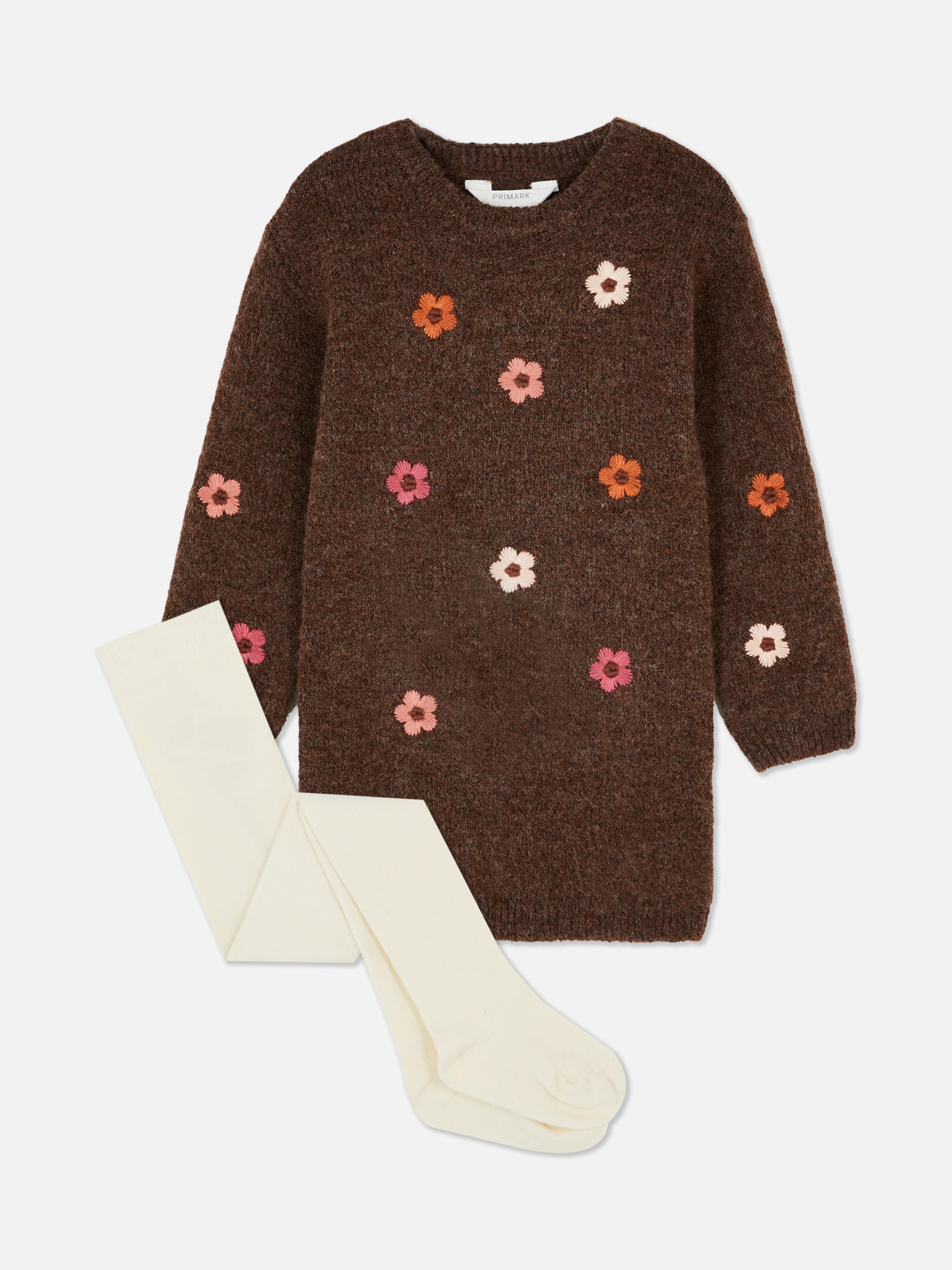 0-36mths | Floral Embroidered Sweater Dress and Tights Set