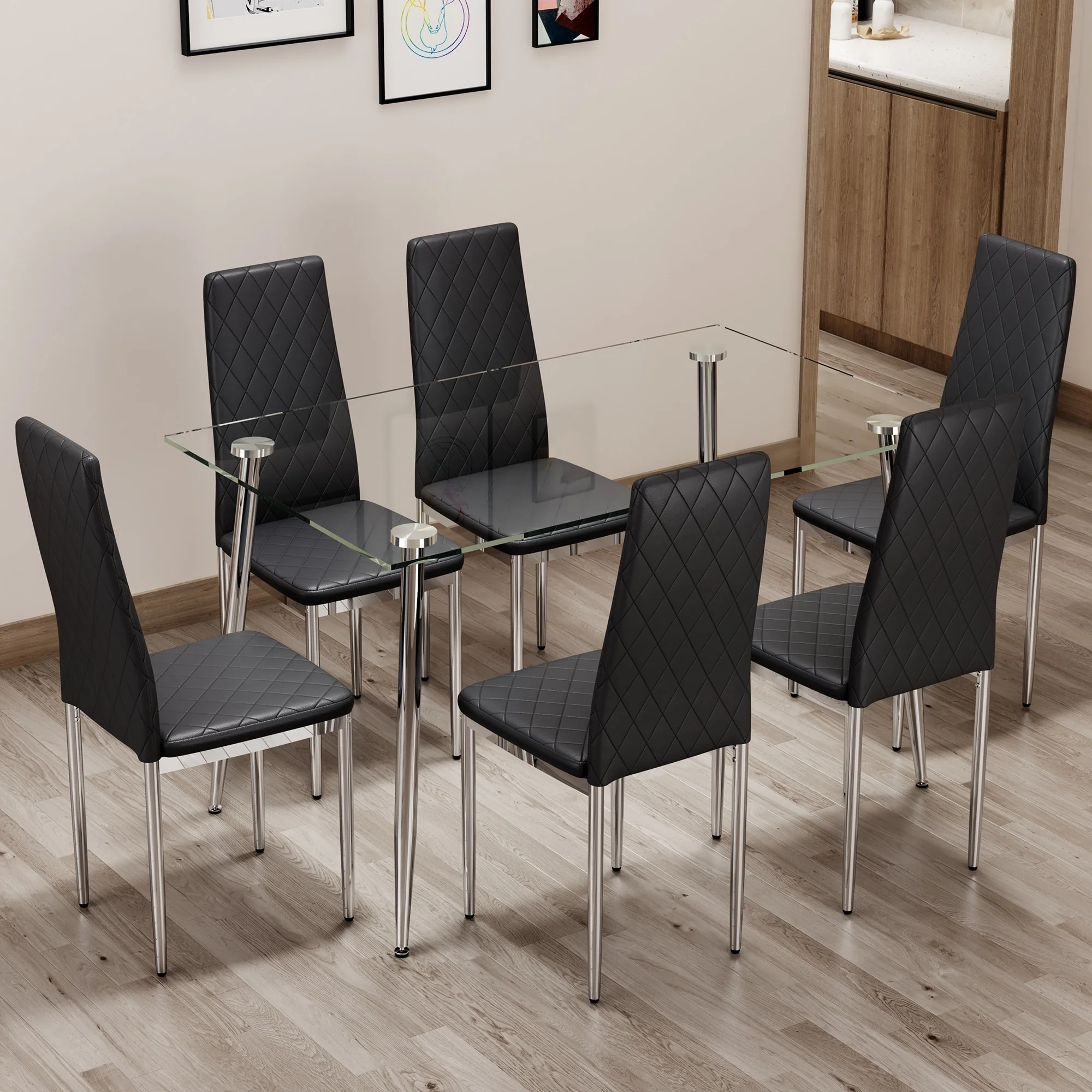 Modern Style Dining Set with Rectangular Tempered Glass Table and Armless High Back Upholstered Dining Chairs