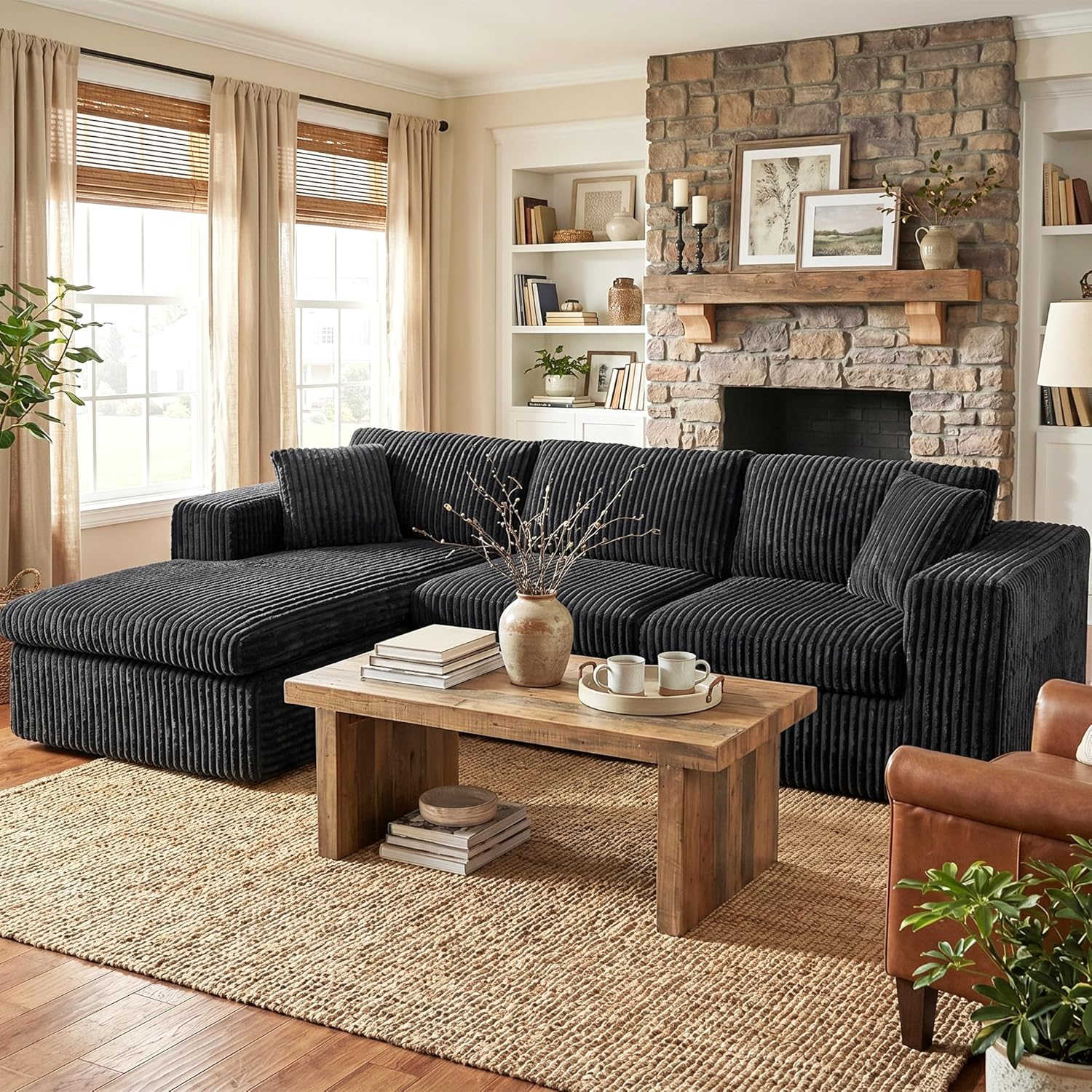 Shintenchi 105 Modular Sectional Sofa, Boneless L Shaped Couch with Deep Seat, Cloud Foam Couch with Oversized Chaise, Plush Corduroy Sofa No Assembly Needed for Living Room, Black