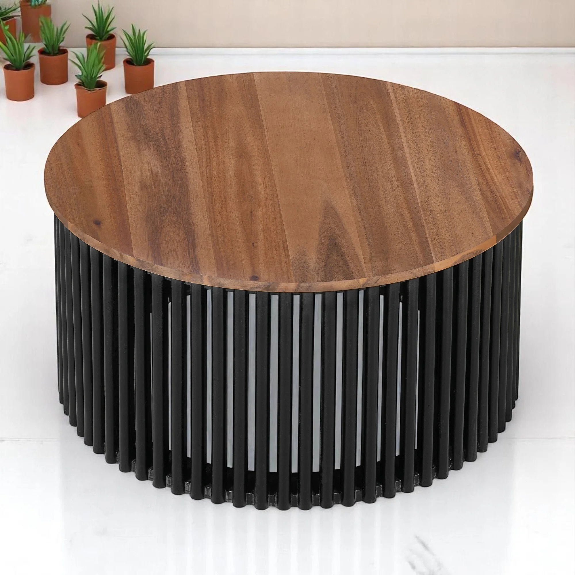 30 Round Coffee Table, Acacia Veneer Top with Solid Wood Legs, Modern Circular Accent Table for Living Room,End tables