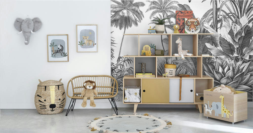 MINI JUNGLE - Boîte à musique animaux jaune, grise, verte et blanche