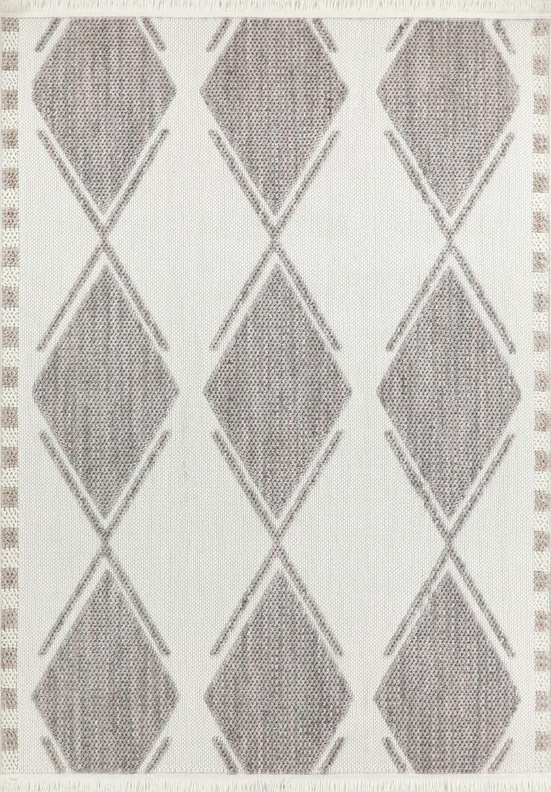 BALI - Tapis crème à franges  motif losange  en relief 160x230