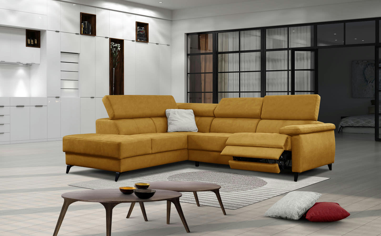 TAUNUS - Le canapé d'angle gauche 5 places jaune avec une relaxation