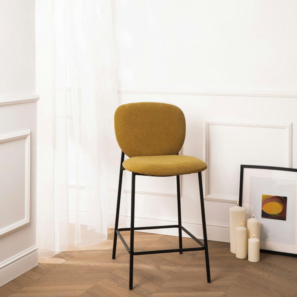 DALBY - Lot de 2 tabourets de bar en tissu et métal 65cm jaune moutarde
