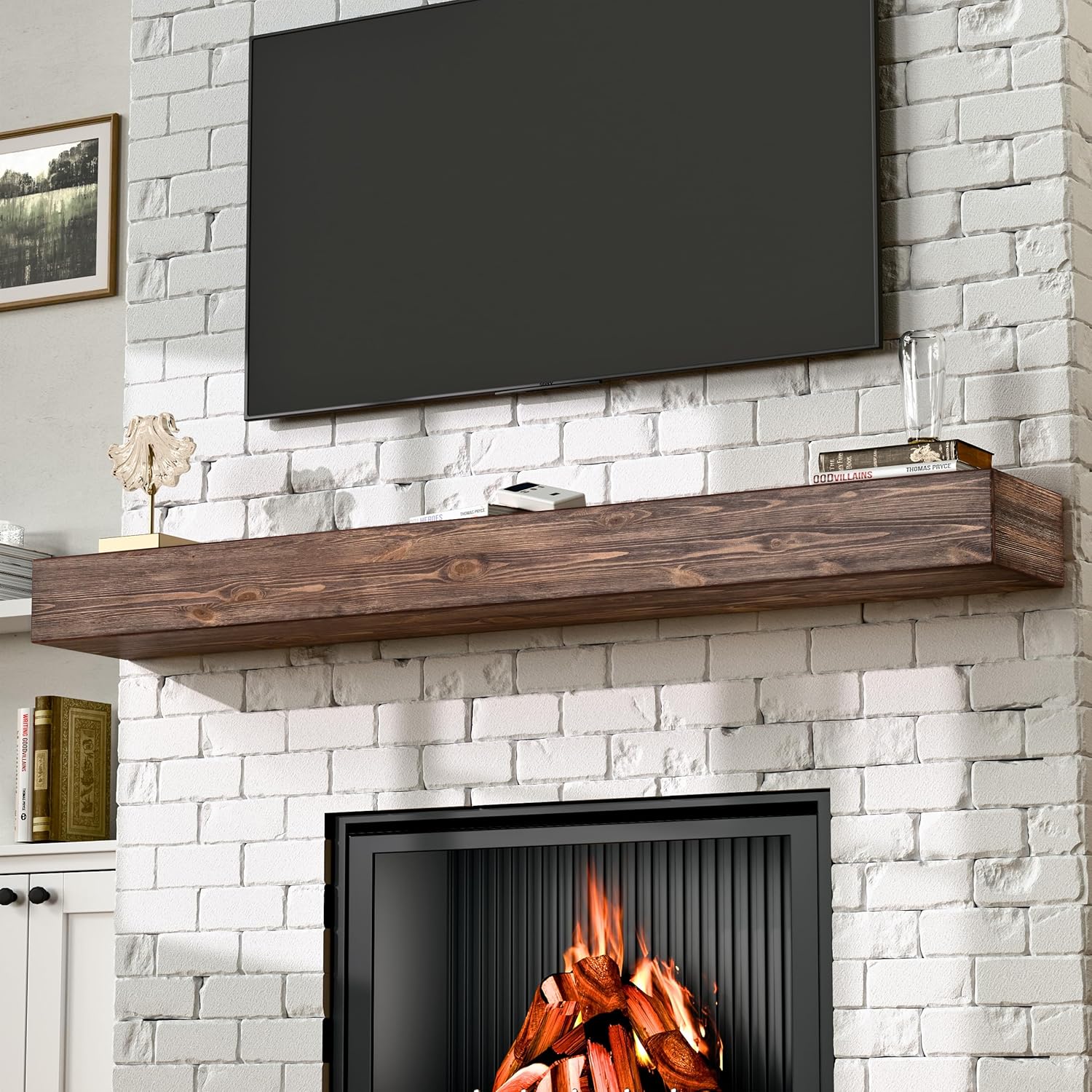 Fireplace Mantel, Handcrafted Mantel Shelf for Over Fireplace, Wood Mantel with Invisible Heavy Duty Bracket, Wood Floating Shelves for Wall-Mounted, 72 Inch, American Brown