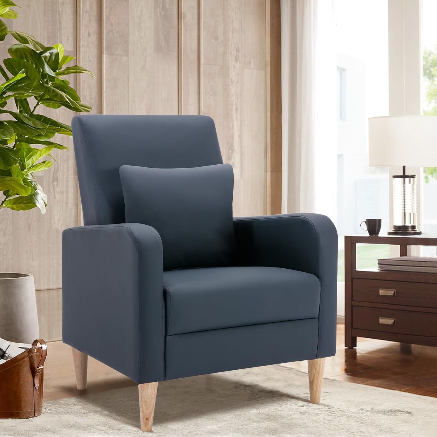 COLAMY Modern Upholstered Accent Chair Armchair with Pillow, PU Leather Reading Living Room Side Chair,Single Sofa with Lounge Seat and Wood Legs, L-Blue