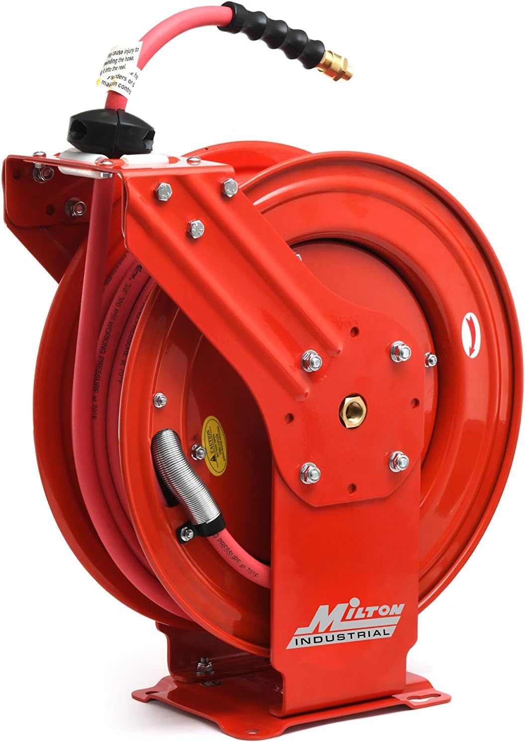 MILTON Industrial Hose Reel 2790-50D  Auto Retractable  Chemical Resistant  Prevent Cracking  Flexible in Extreme Conditions 1/2” Hose ID  50 Foot Rubber Hose  300 PSI Max Pressure 1/2 Male NPT  Red