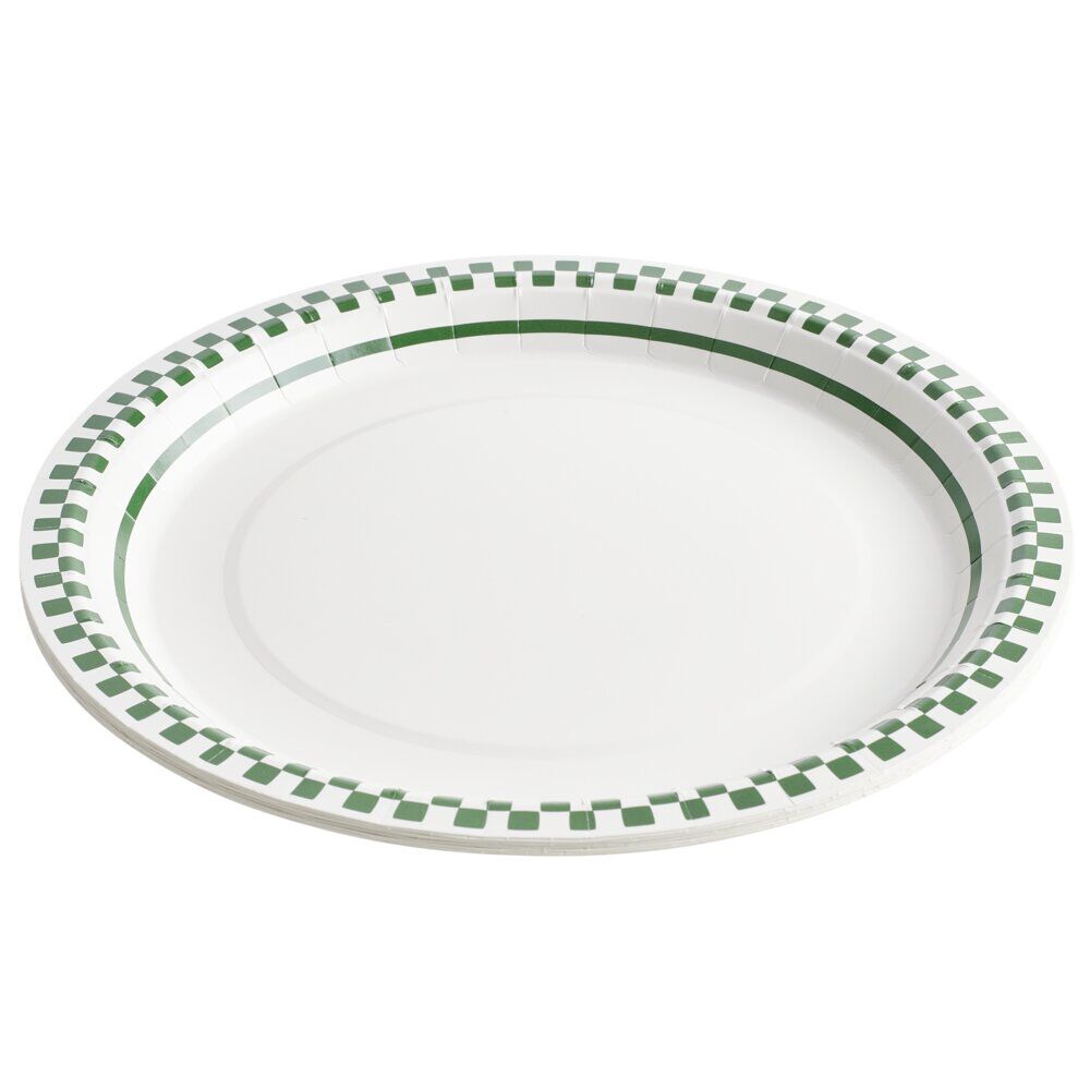 Assiette carton x8 blanc contour quadrillage vert et blanc Ø23cm