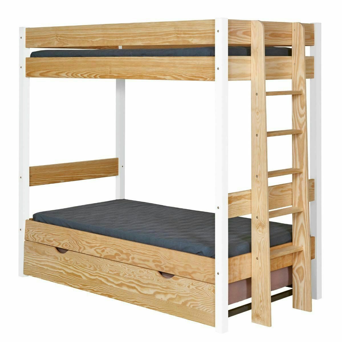 JAMY - Pack lit superposé gigogne avec matelas 90x190 cm blanc et bois