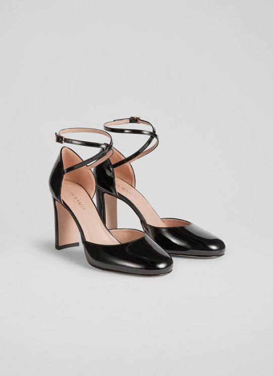 Adaline Black Patent Ankle Cross Heels