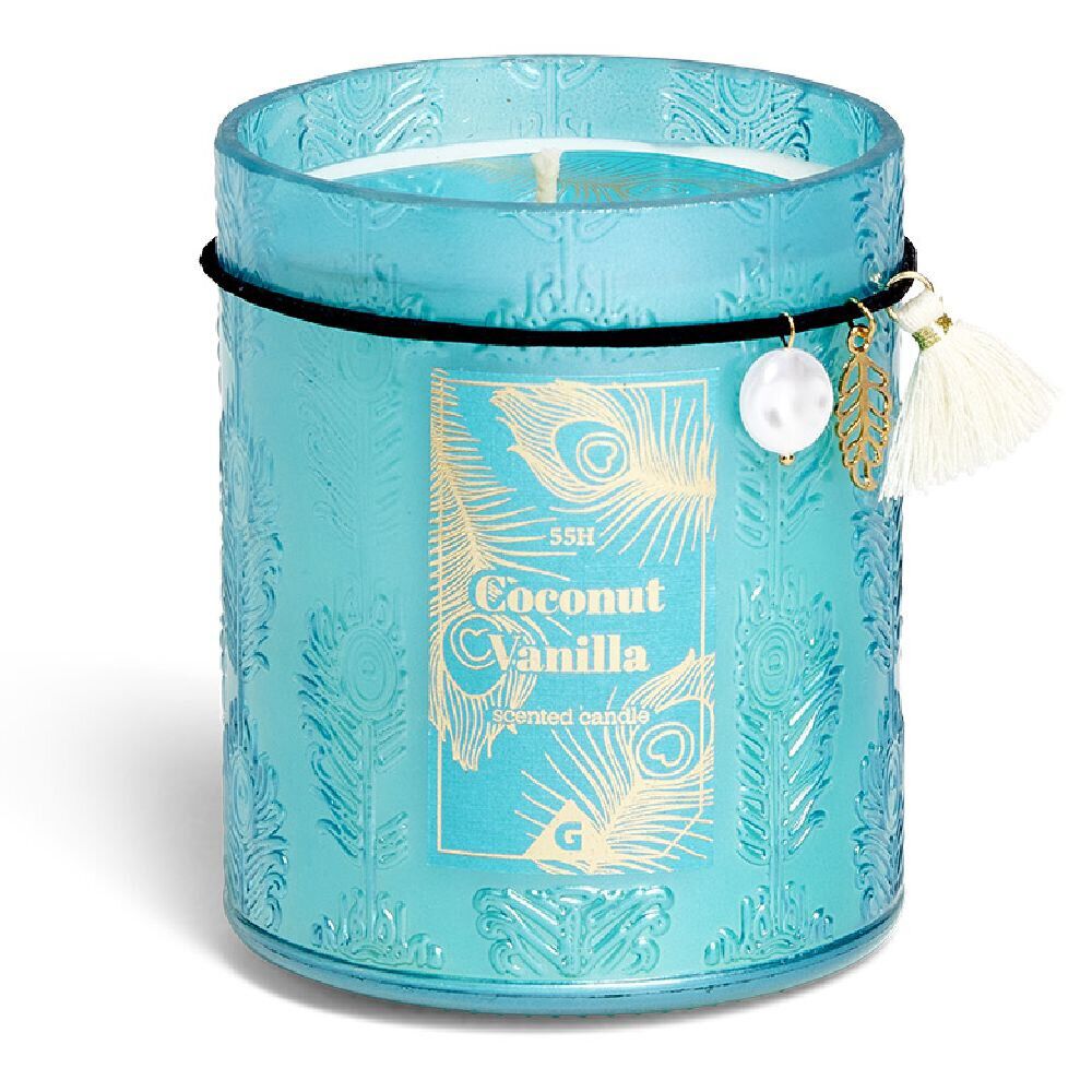 Bougie charm pampille Coconut Vanilla dans verre bleu 55H