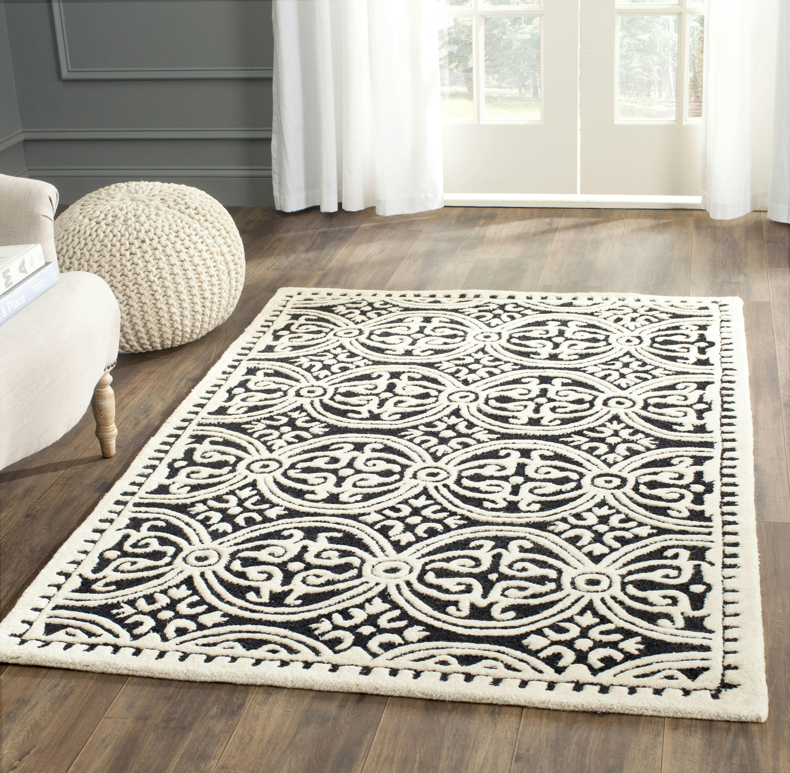 CAMBRIDGE - Tapis de salon interieur en noir & ivoire, 91 x 152 cm