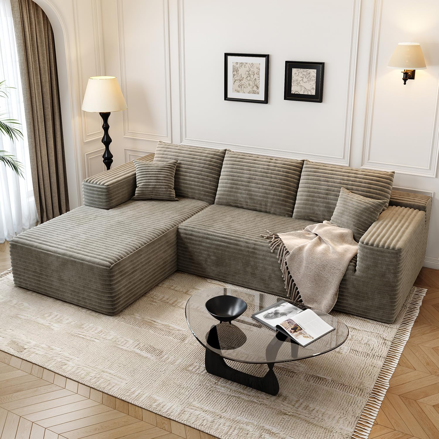 107.5 Cloud Modular Sectional Sofa Couch with L-Shape Chaise,Modern Minimalist Upholstered Couches for Living Room Bedroom,Deep Seat Corner Couch，No Assembly Required (Camel,Left Facing Chaise)
