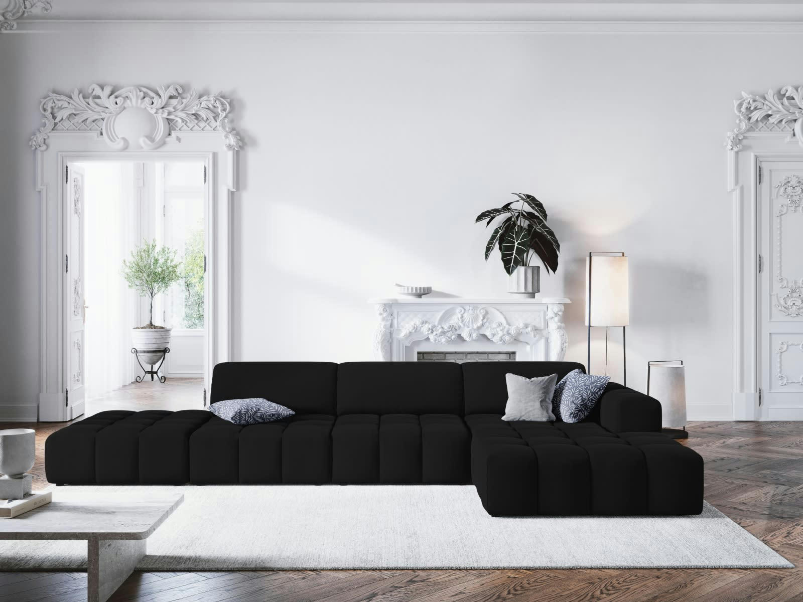 LUC - Canapé d'angle droit 5 places en tissu velours noir