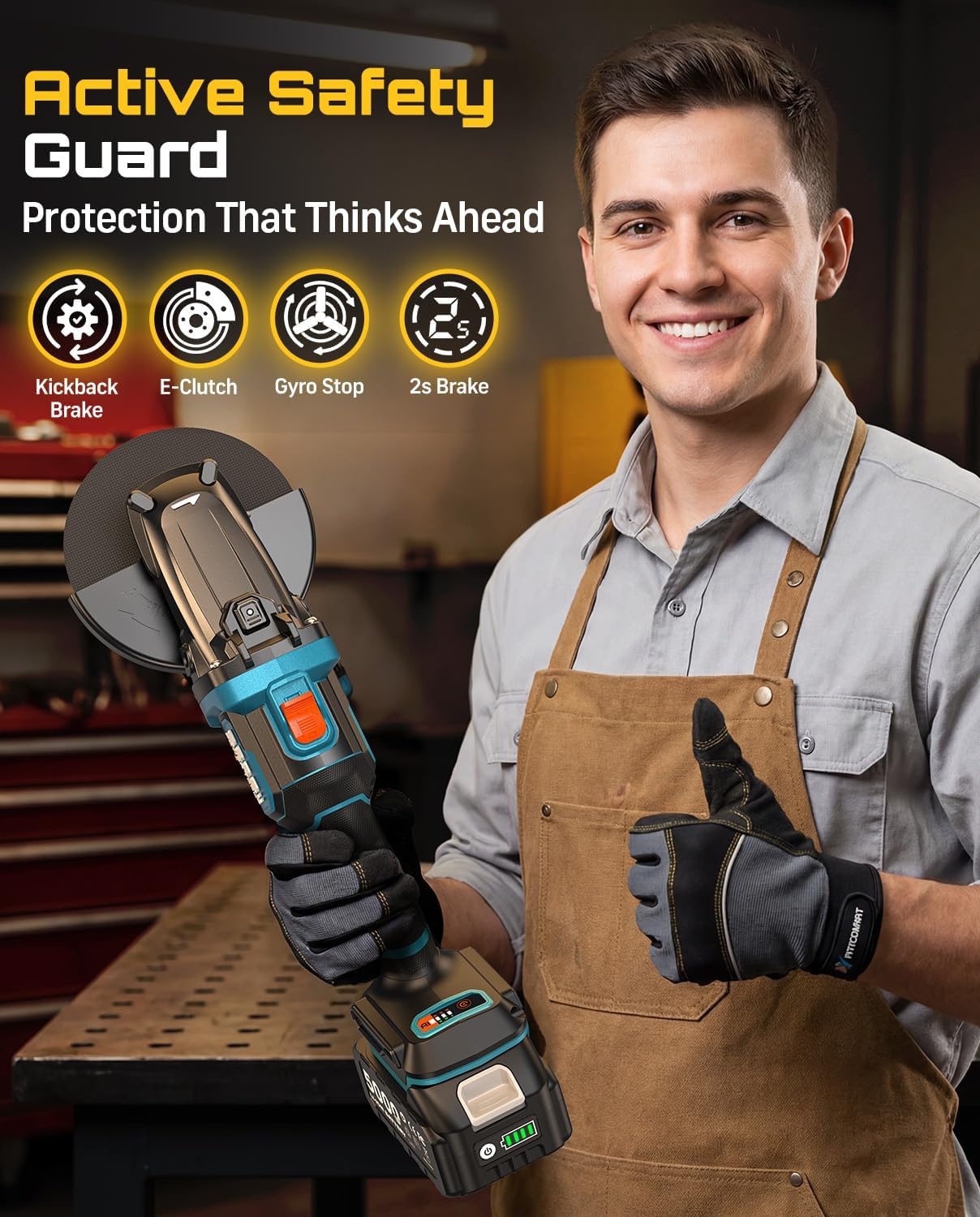 SEESII Flathead Brushless Angle Grinder, 21V Cordless Variable Speed Grinder Kit 5.0Ah Battery+Charger, 4-1/2 to 5 Cut Off Tool, 6-Speed, 20ms Brake+Drop Protection for Metal Cutting, Auto Body, DIY