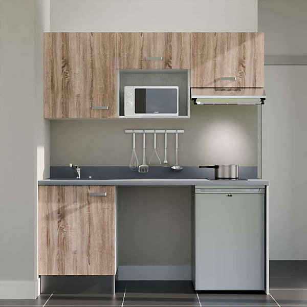 Kitchenette K55 - 180 cm - façades Bois - Plan monobloc en quartz coloris Cromo évier à gauche - Electroménager Inox