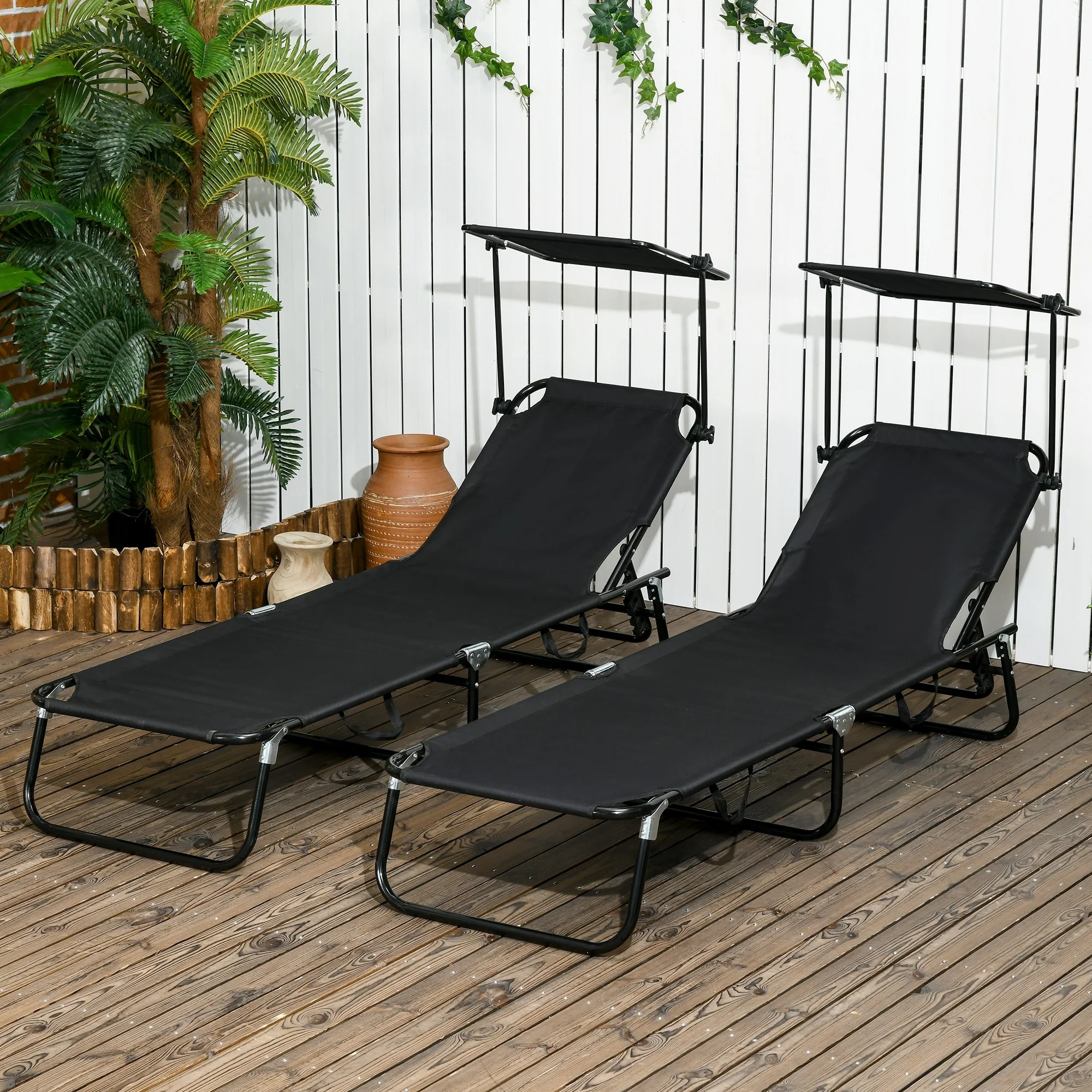 Foldable Outdoor Chaise Lounge Set of 2 with Canopy and Adjustable Backrest, Side Pockets for Beach Yard Patio