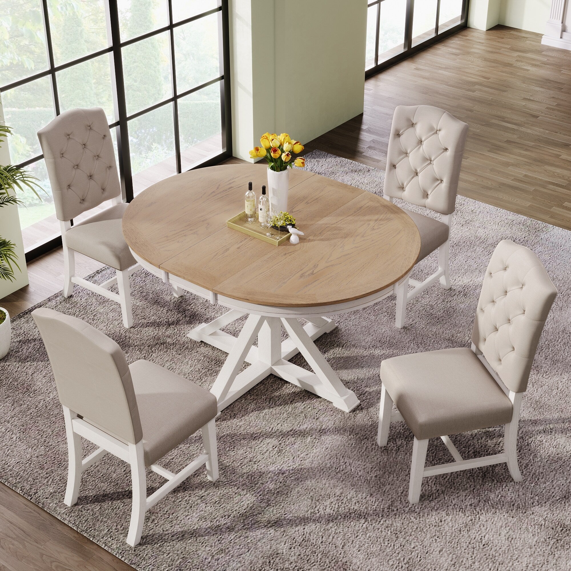 Oak Natural Wood + Off White Retro 5-Piece Wooden Dining Table Set with Extendable Round Table & 4 Chairs