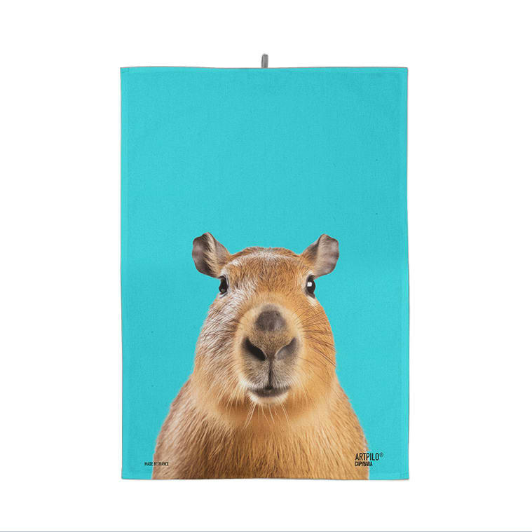 - Torchon imprimé animal capybara 100% coton blanc