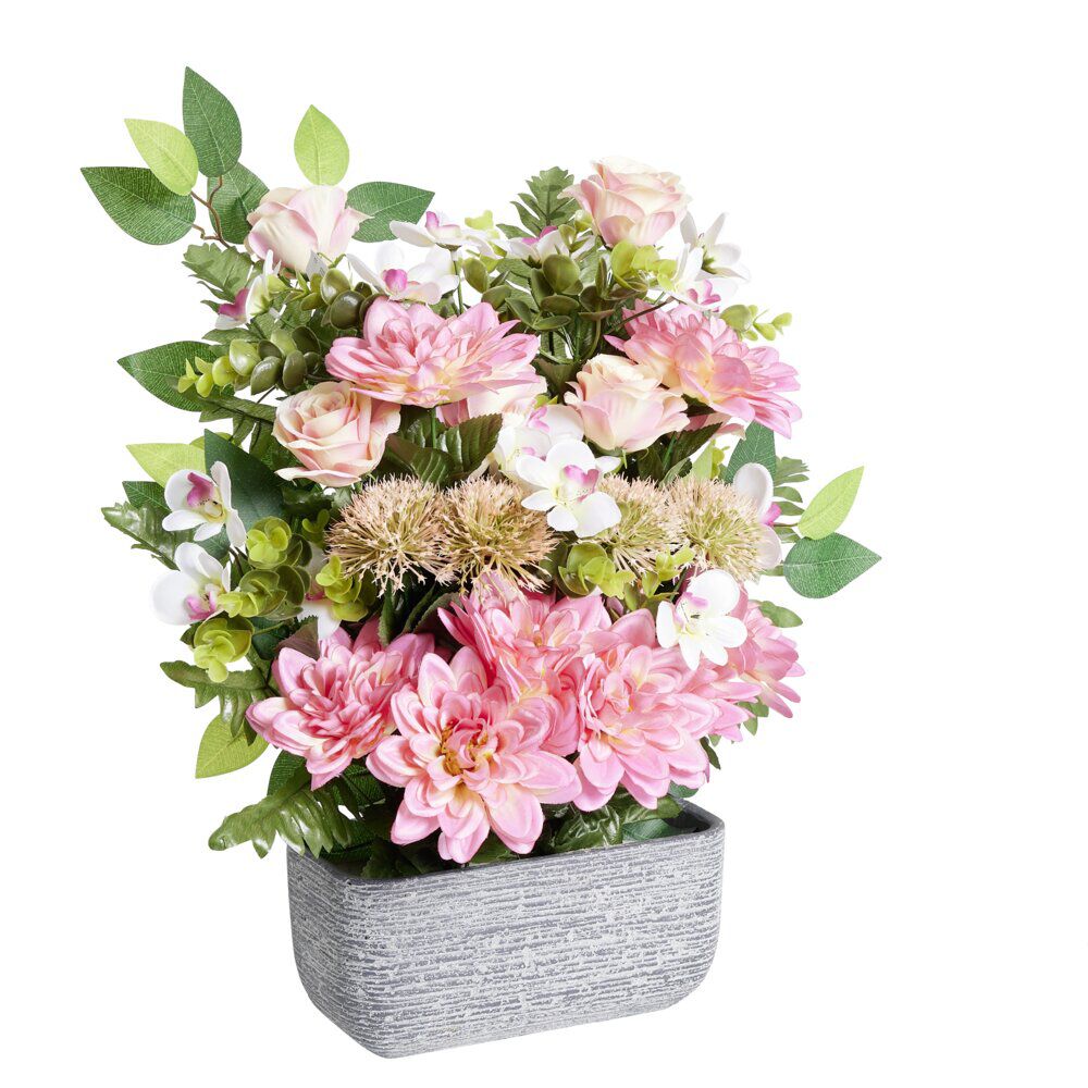 Composition florale artificielle multifleurs roses jardinière ciment L50xH60cm