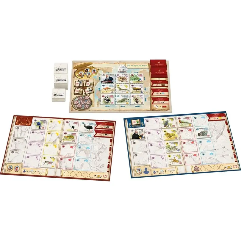 Familienspiel Set bestehend aus verschiedenen Artikeln Auf den Wegen von Darwin