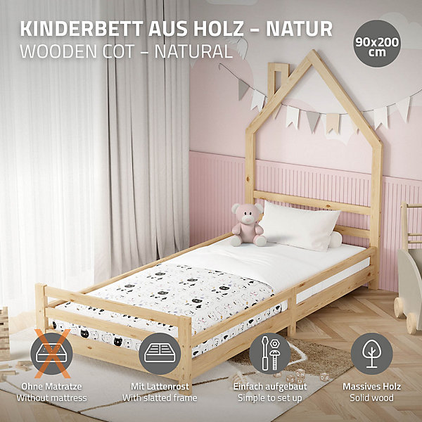 Lit d'enfant ML-Design 90x200 cm naturel forme maison bois de pin avec sommier à lattes sans matelas