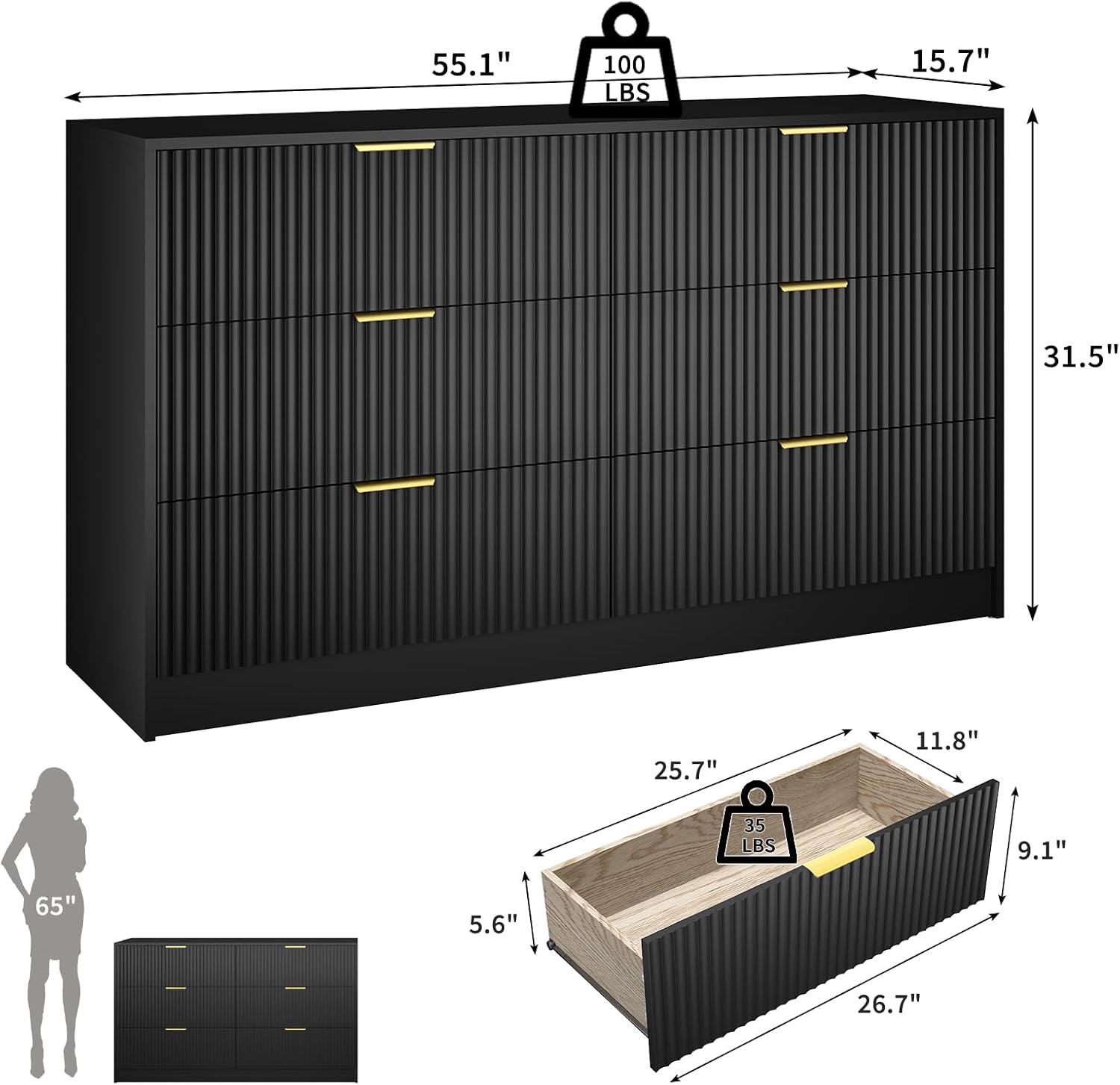 Black Dresser with 6 Deep Drawers, 55” Wide Fluted Dresser for Bedroom with Gold Handle, Modern Chest of Drawer for Closet, Bedroom, Living Room, Black