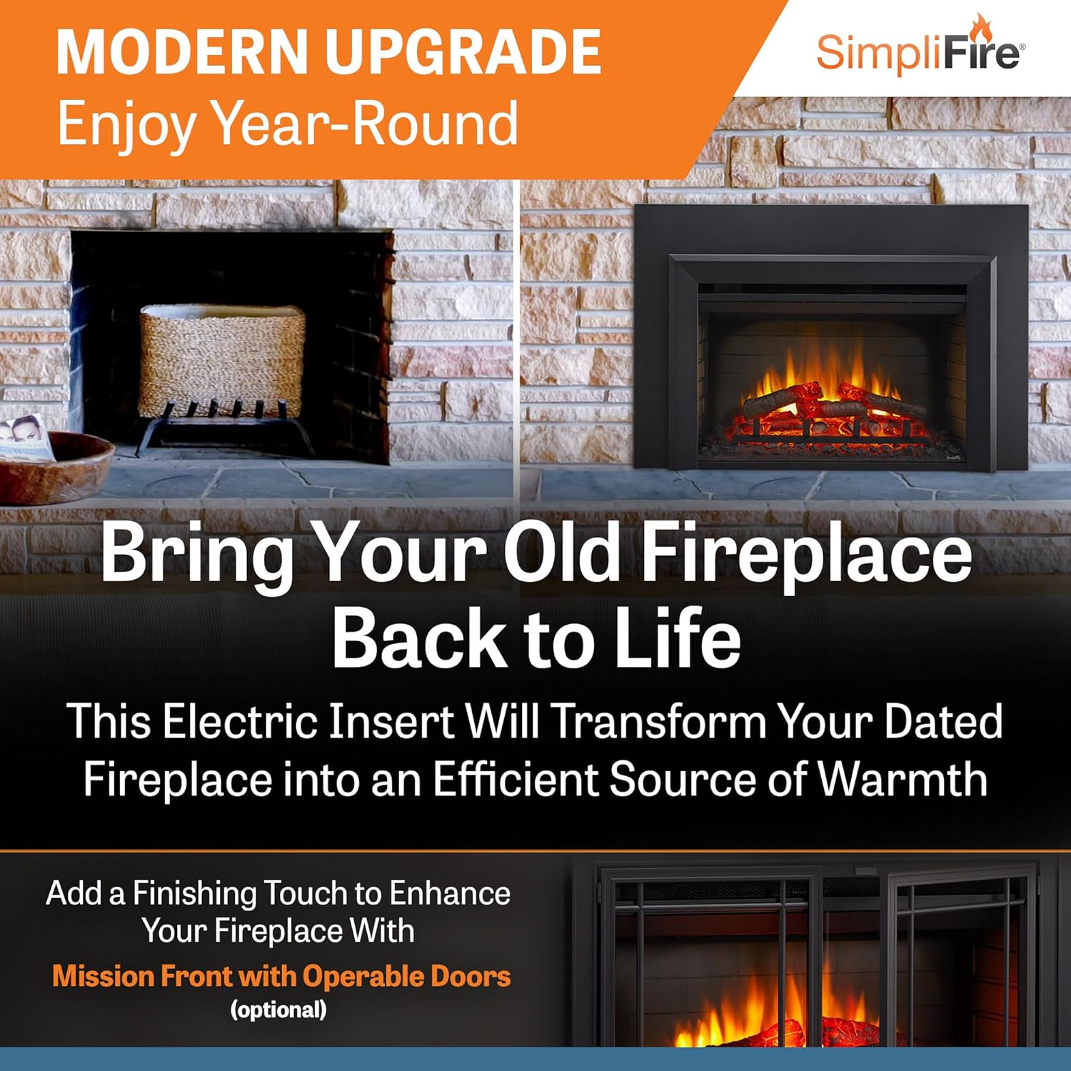 SimpliFire 35-Inch Electric Fireplace Insert, Large Black Surround, 44 x 32 (SF-INS35-SF-SI4432-INS35)