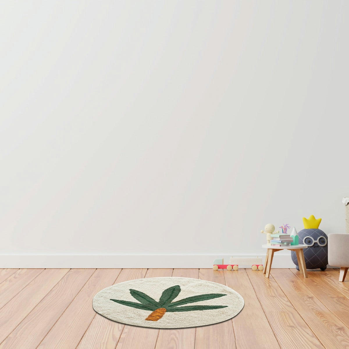 DINO - Tapis enfant rond coton tufté blanc 80x80cm