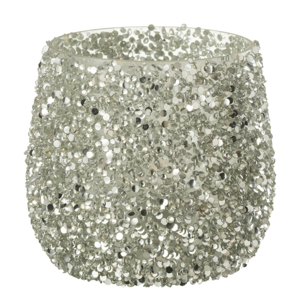 J-Line windlicht Glitter - glas - zilver - small - 2 stuks