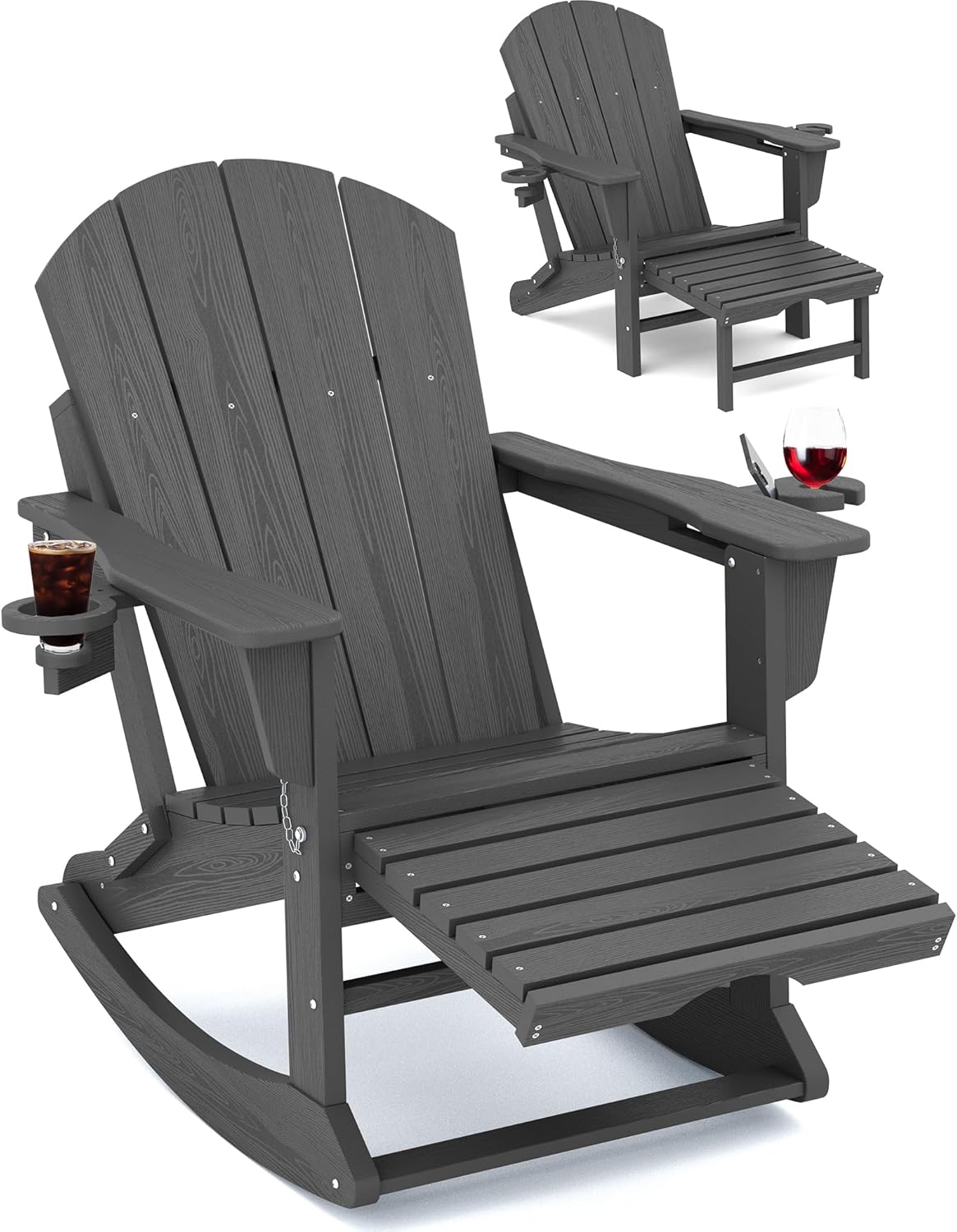 KINGYES Adirondack Rocking Chair with Retractable Ottoman and Cup Holders, HDPE Adirondack Rocker Patio Rocking Chair for Porch, Patio, Balcony, Leaden Grey