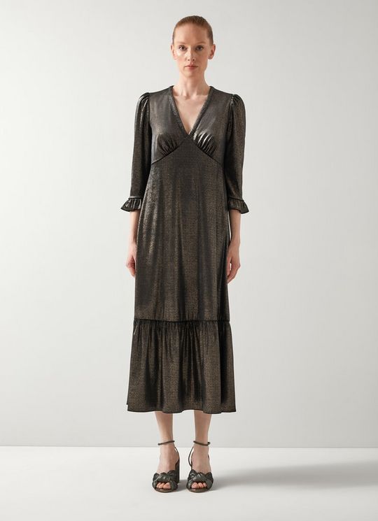 Deborah Black & Gold V-Neck Maxi Dress With Peplum And Frill Cufff