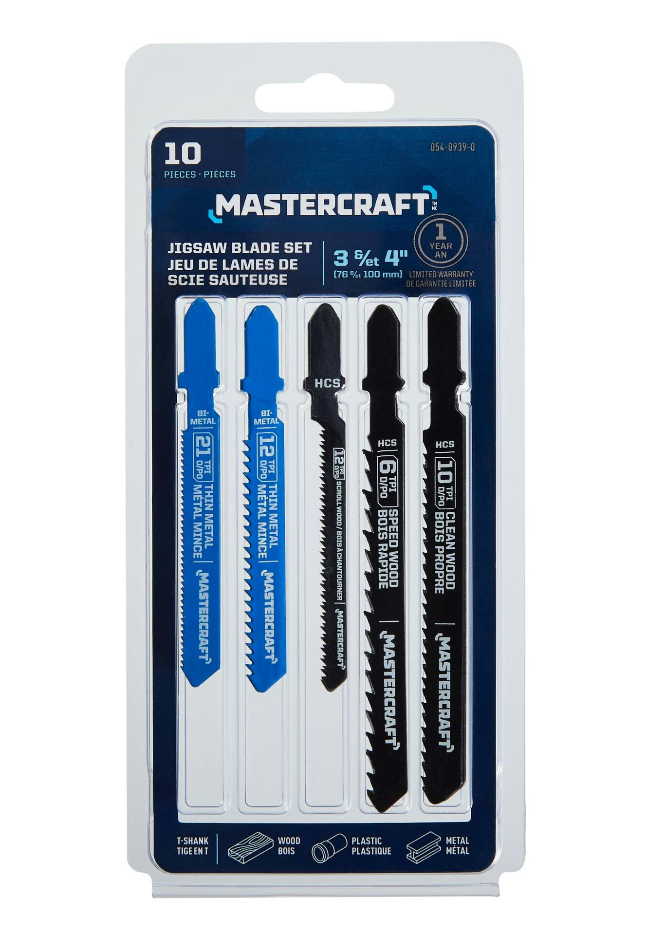 Mastercraft T-Shank Bi-Metal & HCS Jigsaw Blade Set for Wood, Metal, 10-pc