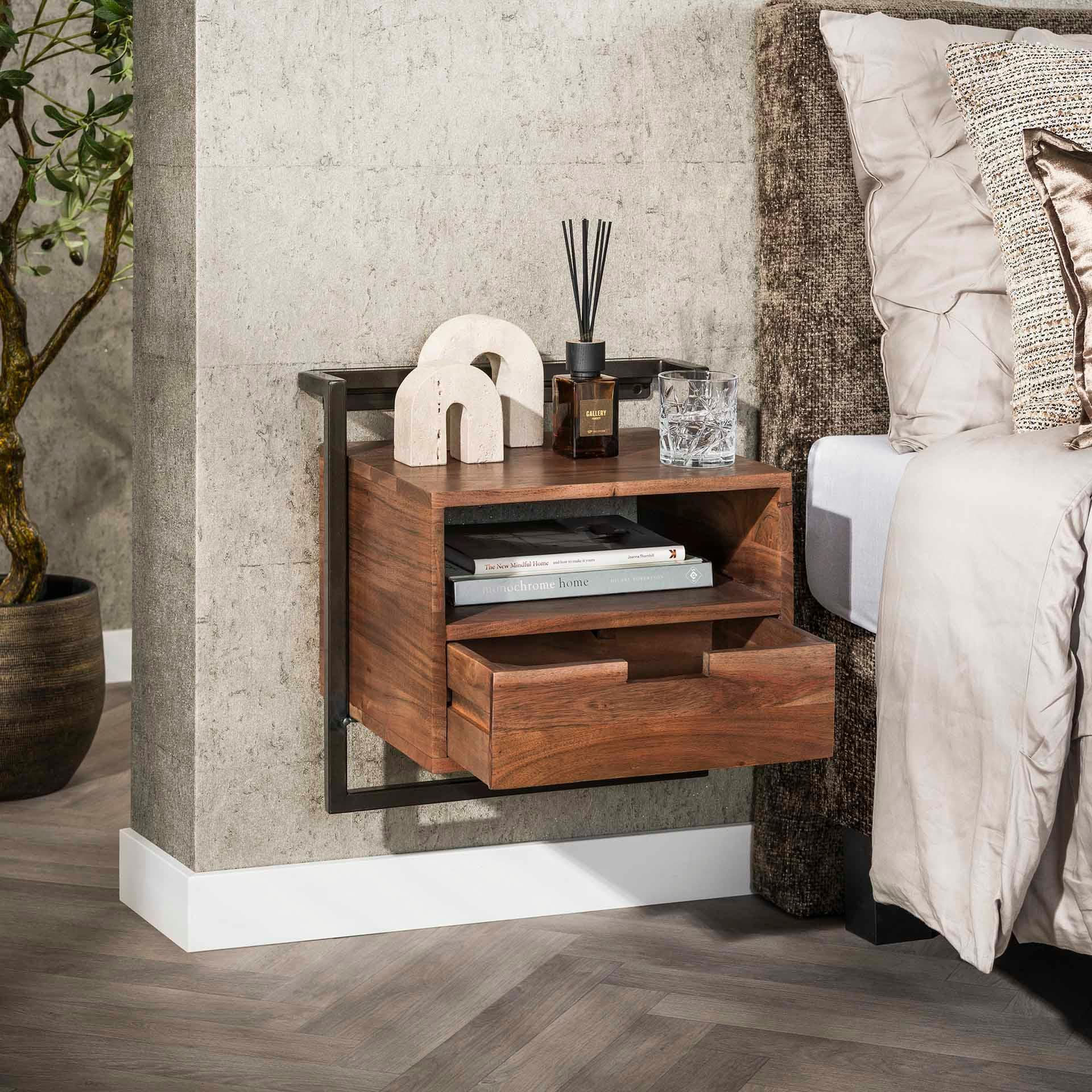 Table de chevet bois brun 1 niche 1 tiroir NAKO