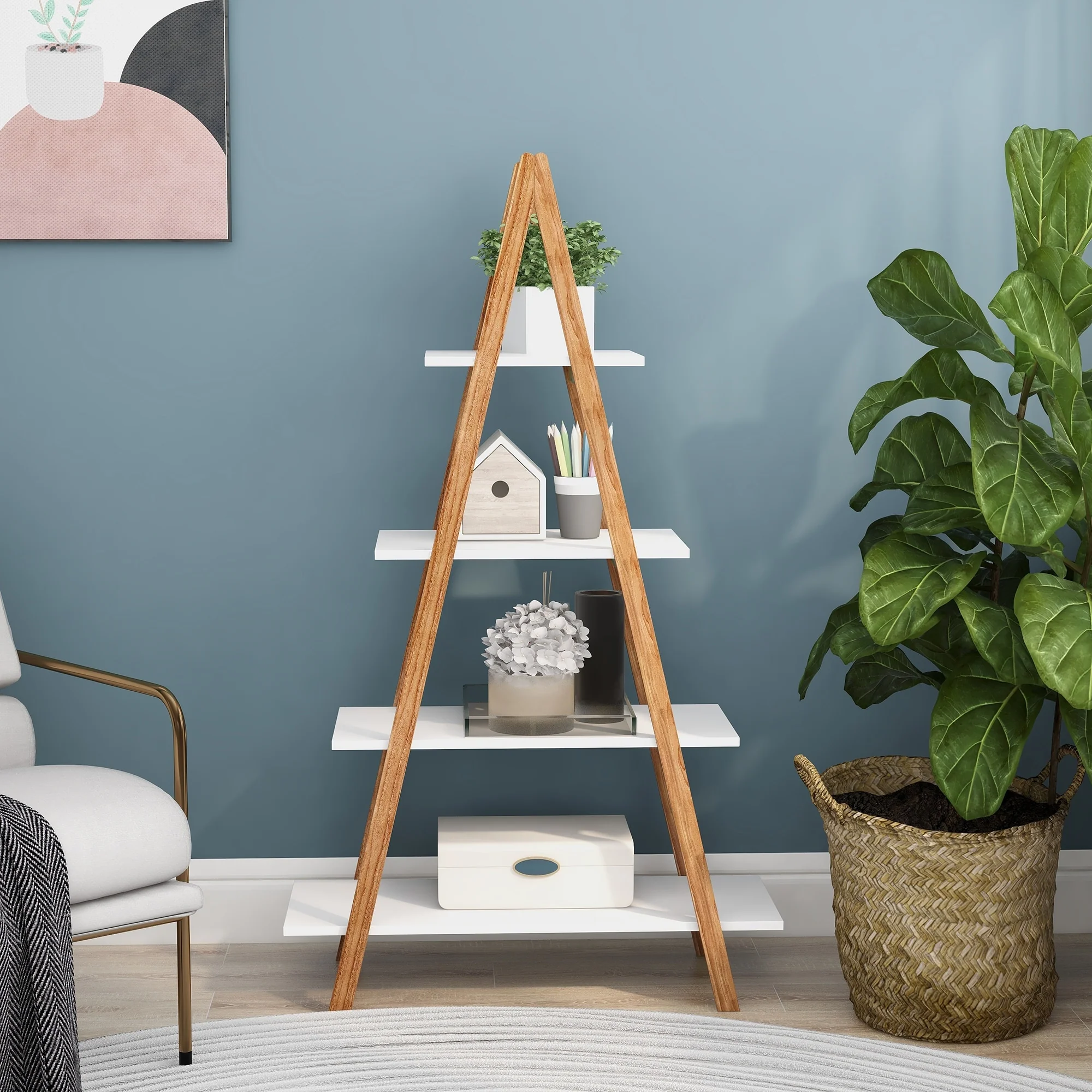Solid Bamboo Wood Oxford AFrame Ladder Display Bookshelf