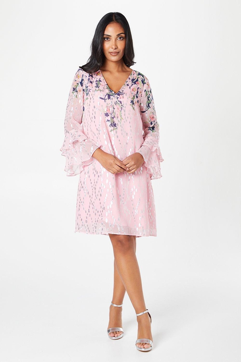 Wallis Petite Floral Metallic Ruffle Sleeve Shift Dress