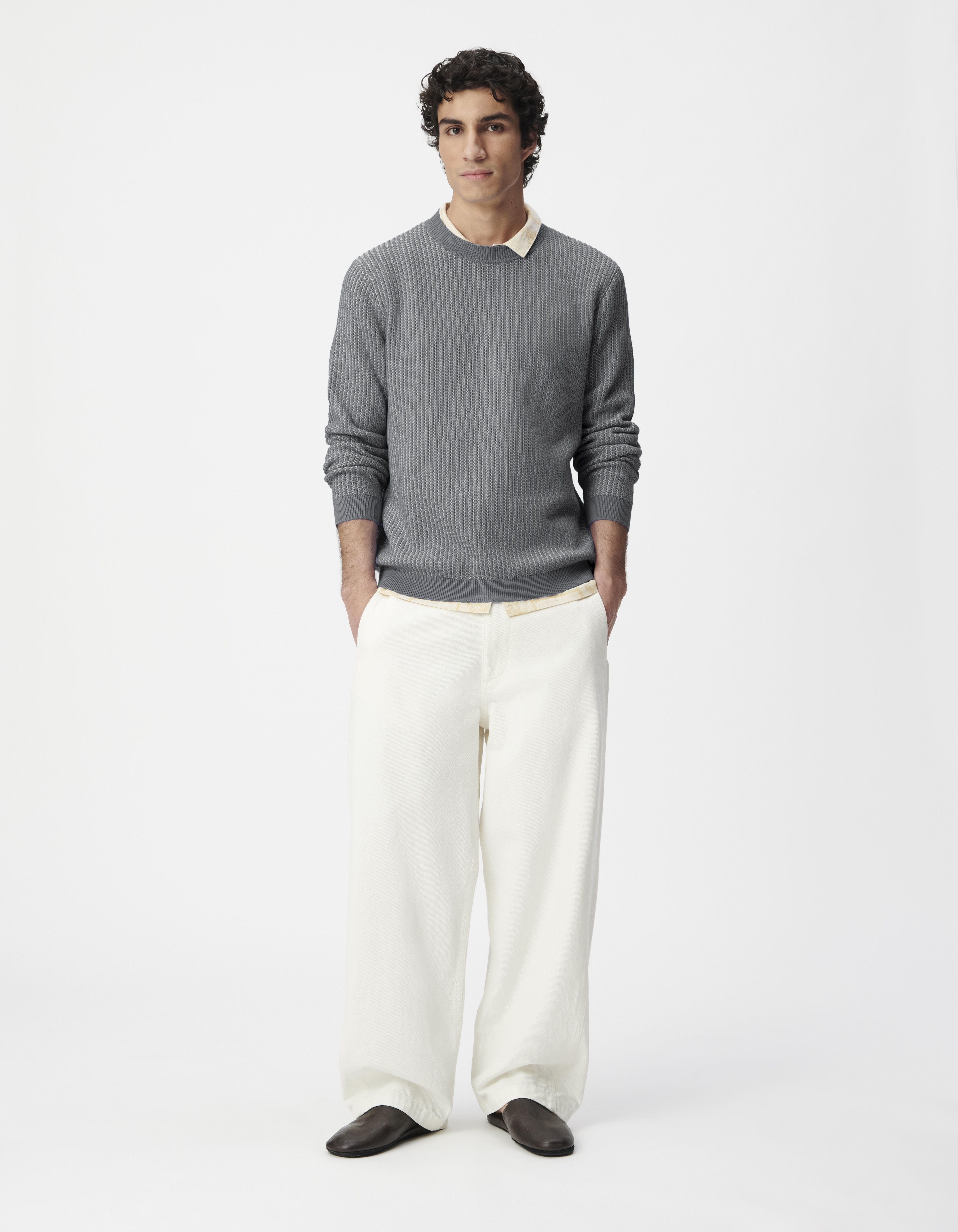 Pull bleu tricot côtelé jacquard Homme