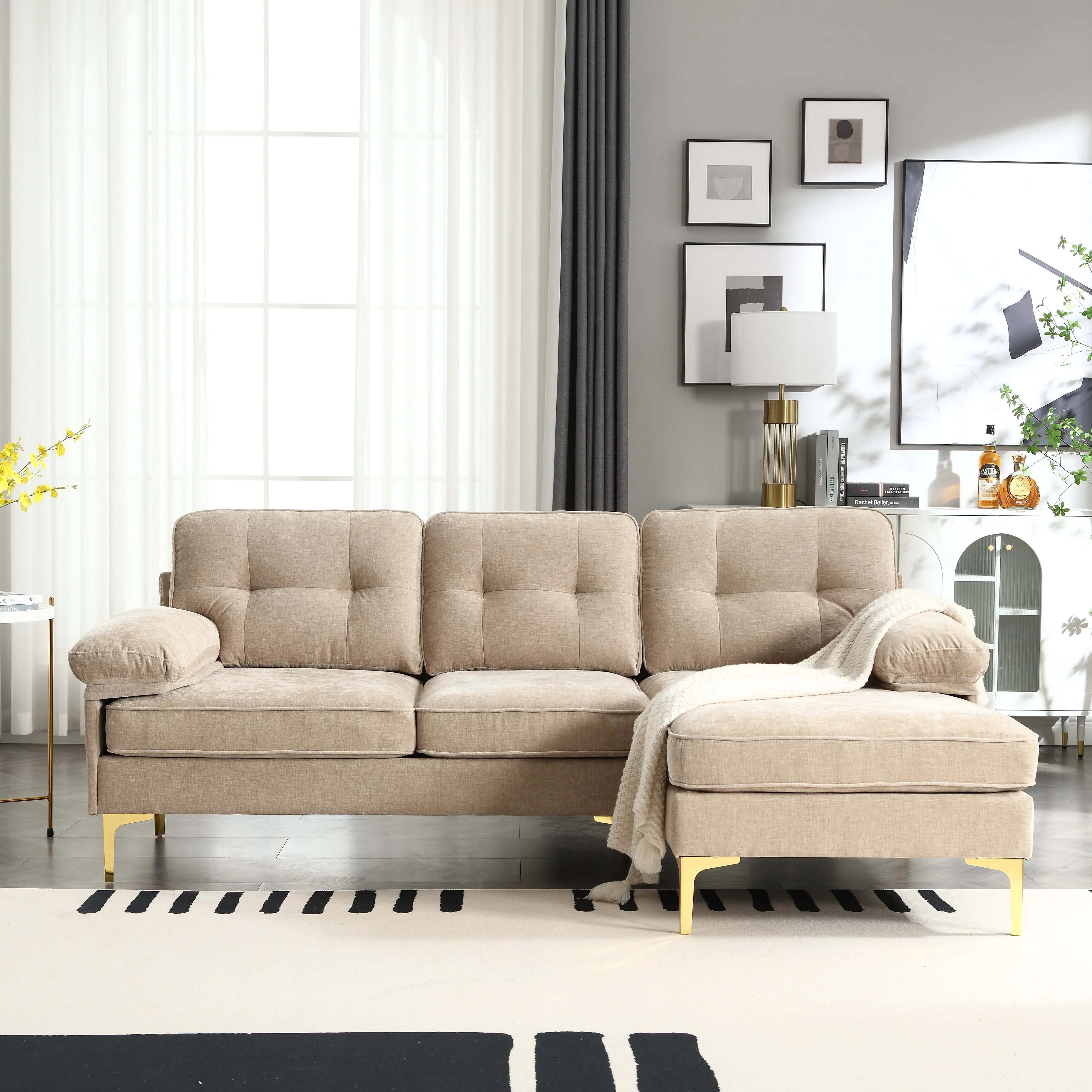 Brown 85 L-Shaped Fabric Sofa with Spring Cushions, High-Quality Wooden Frame, and Waist Pillows