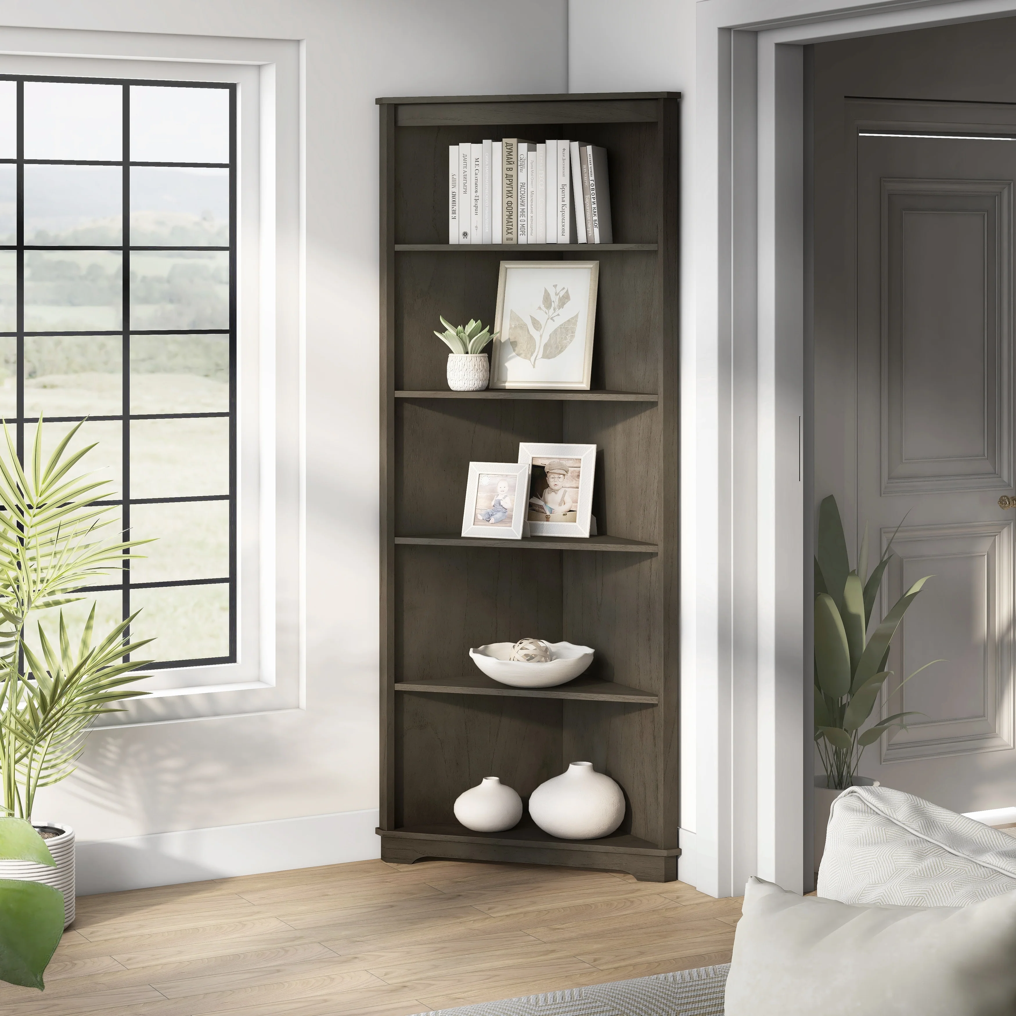 Marbella Transitional 5-Shelf Corner Bookcase by Furniture of America