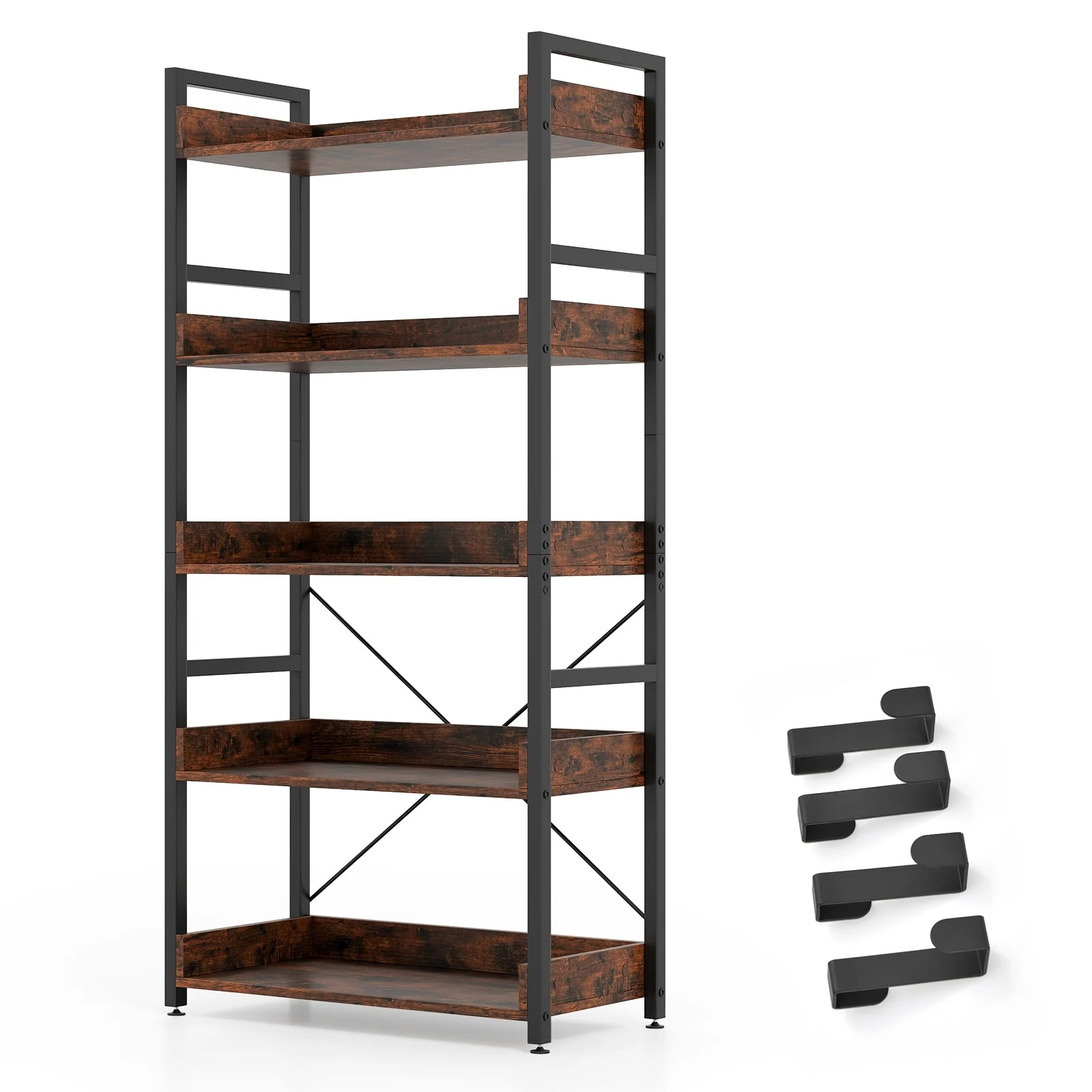 Rustic Brown Metal and Wood 5-Tier Bookshelf with Hooks and Anti-Tip Design - 27 x 13.5 x 57 (L x W x H)