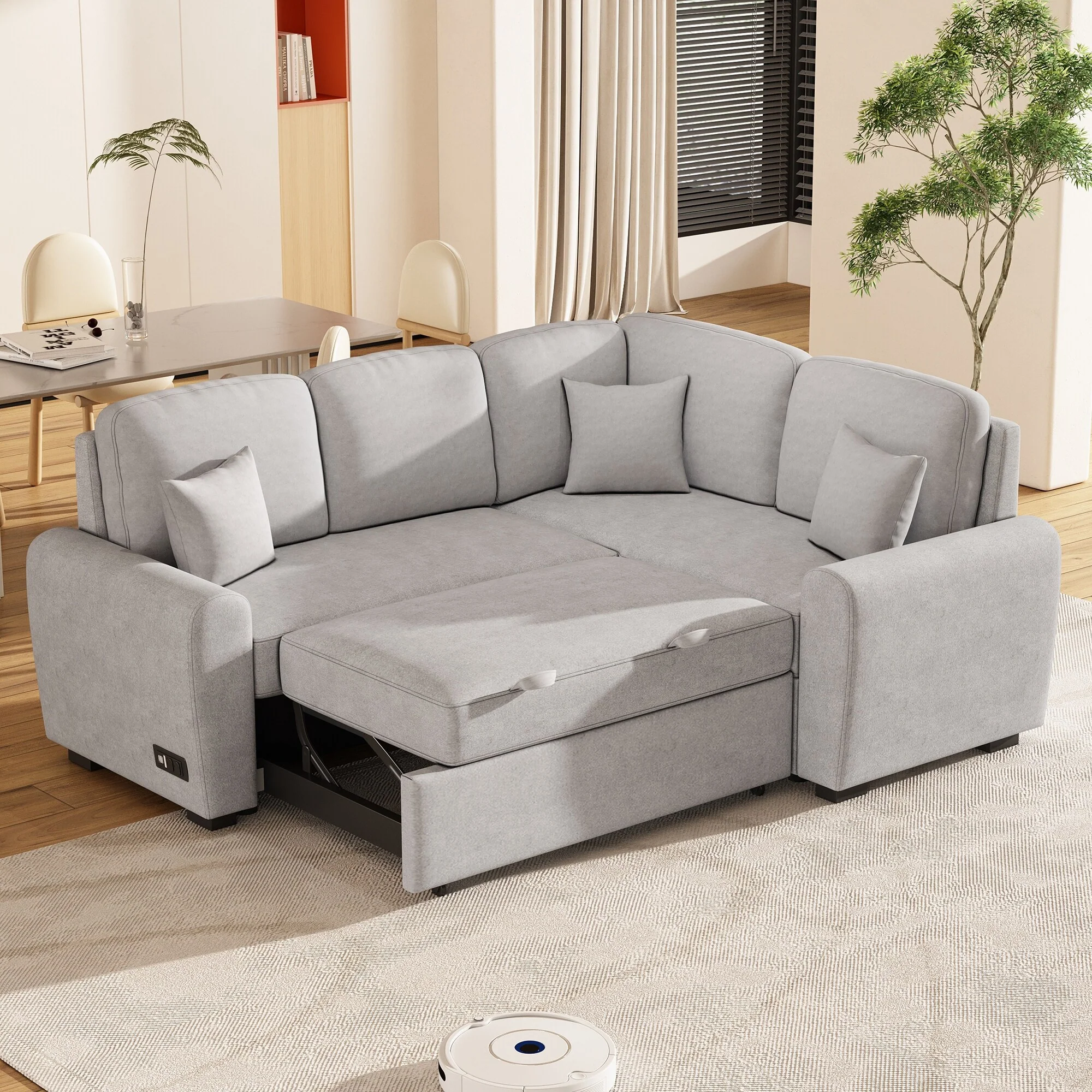 Grey 87.4 L-Shaped 4-Seater Sectional Sofa with Pull-Out Bed, USB Charging, Outlet, and 3 Removable Cushions for Flexibility