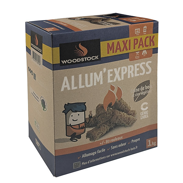 Allume-feu en rouleaux de laine de bois et cire végétale 1kg, Woodstock Allum'express