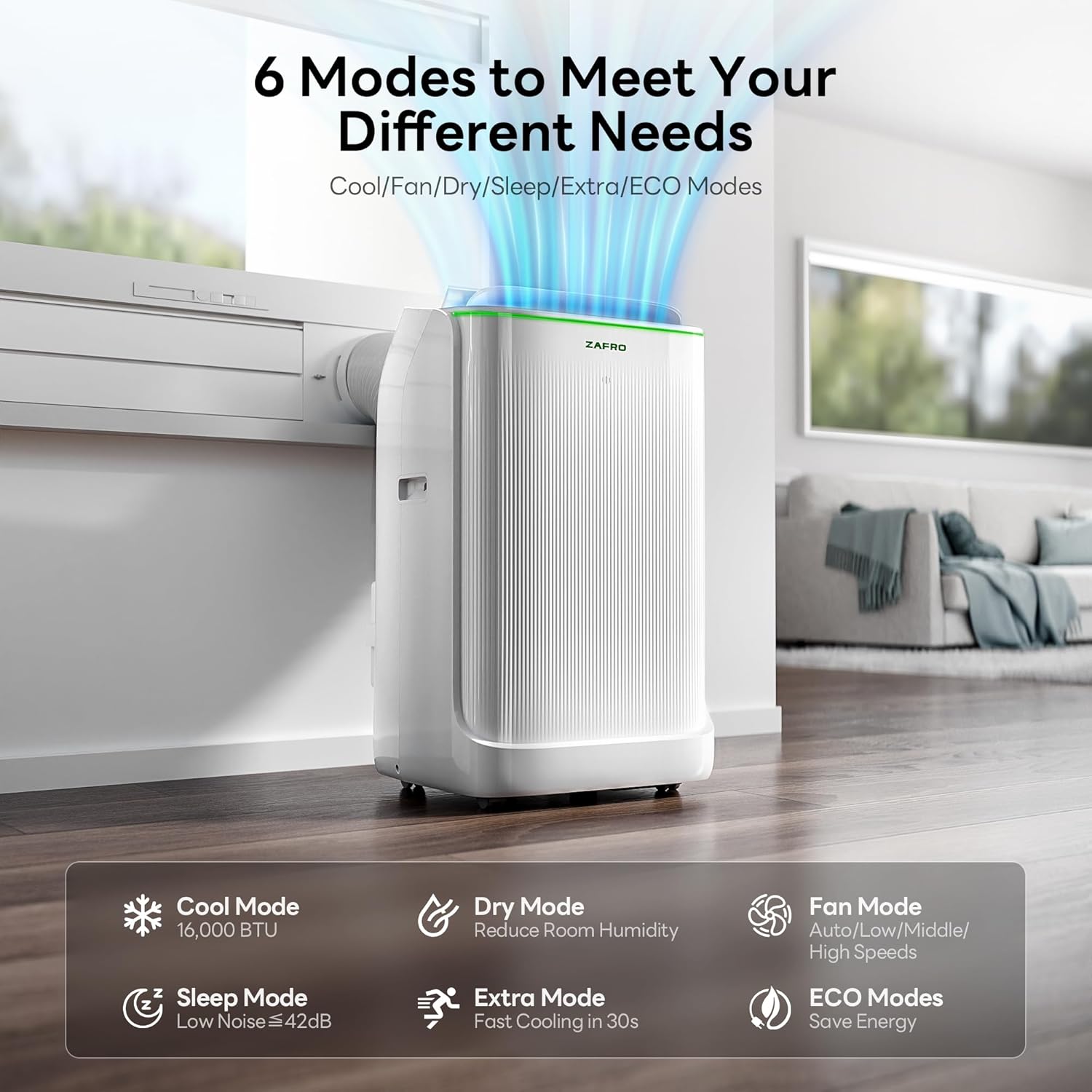 ZAFRO Smart Inverter Portable Air Conditioners, 16000 BTU (12000 BTU SACC) Dual Hose Portable AC Unit with Energy Saving/Ultra Quiet(42dB)/Drainage-free Cooling/APP/Remote for Multi-Scenario Use